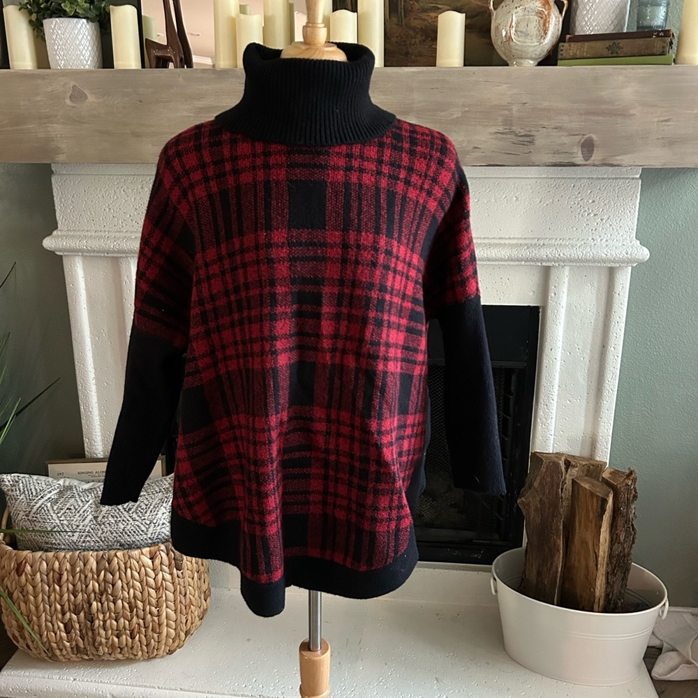 LOFT Red and Black Cowl Neck Sweater Buffalo Plaid